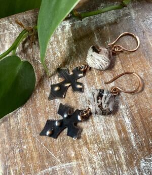 Purple Bamboo Agate Copper Cross Earrings